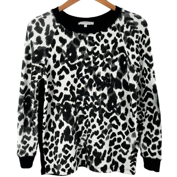 Sandro Black & White Leopard Print Sweatshirt Leather Elbow Patches Size 1/S - Picture 1 of 4